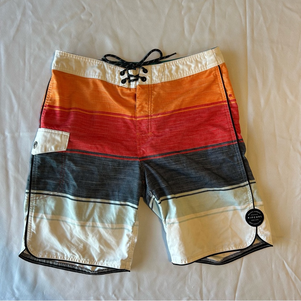 Rip Curl Men's Striped Swim Shorts in Orange, Red, and Blue- Sz 28